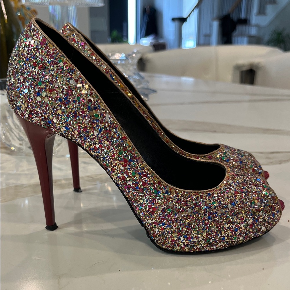 EUC Lorenzo Mari multi colour glitter peep toe 4”heels 1” platform made in Italy